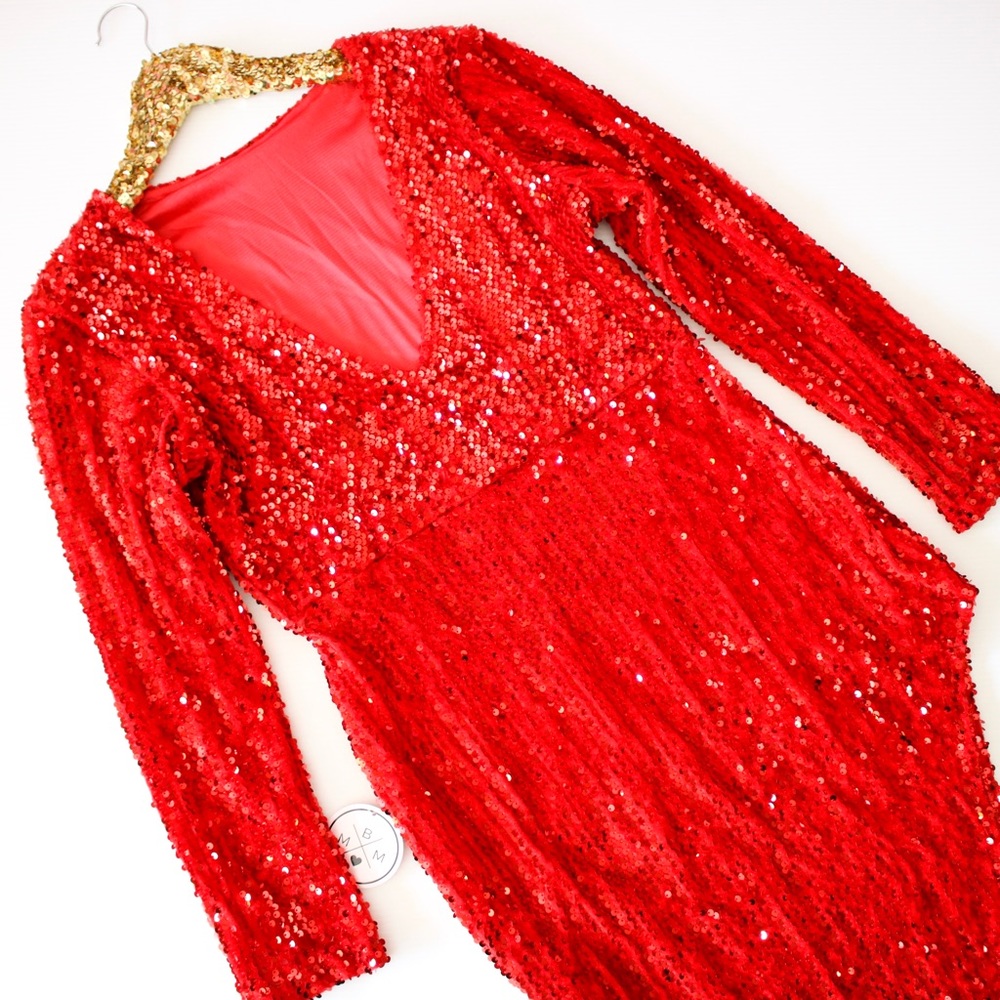 Red Deep V Long Sleeve High Slit Sequin Midi Dress - Picture 6 of 8